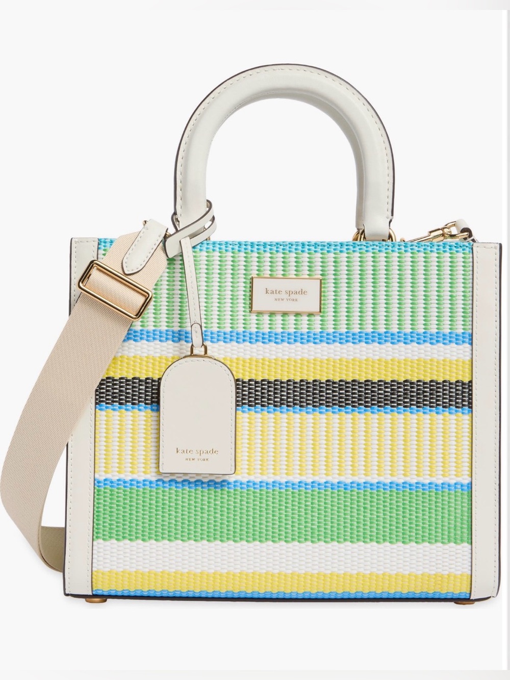 $398 Kate Spade ♠️ Manhattan-Small Tote-Striped Woven Straw-Green Multi NWT